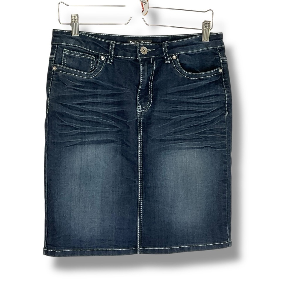 Vintage Suko Jean Skirt Dark Blue Denim Embellished Hearts‎ Mini Size 6